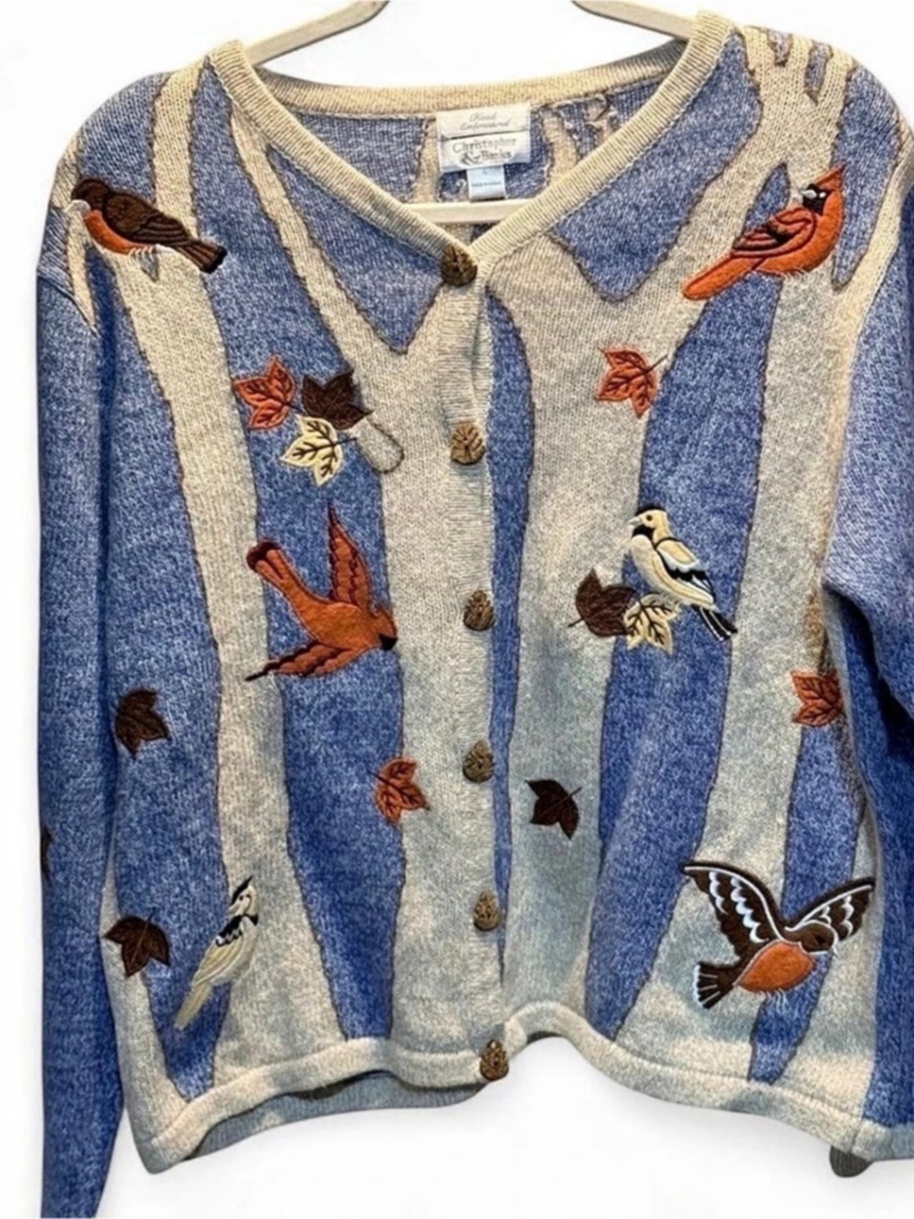 Christopher & Banks Bird Hand Embroidered Cardigan in Blue & Cream Size Large